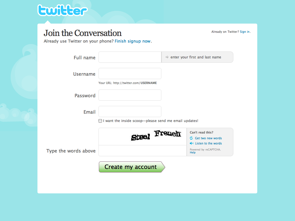 Twitter / Create an Account